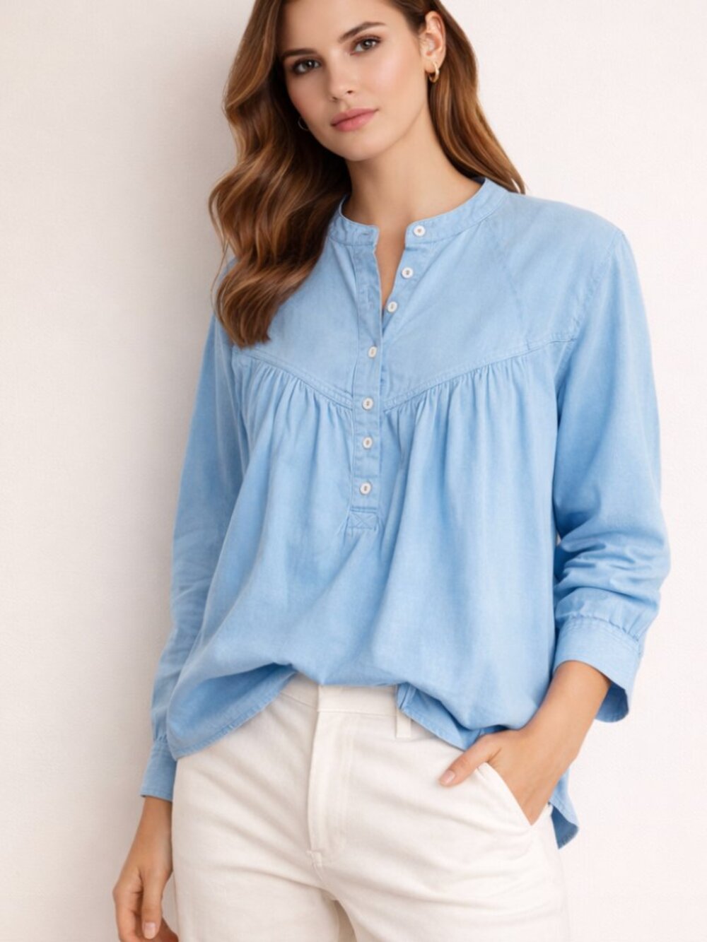 Xirena Washed Blue Cotton Boho Blouse Relaxed Button Front Top